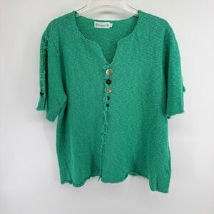 Lulu-B Womens XL Green Textured Cotton Knit Fringe Short Sleeve Sweater Top Boho